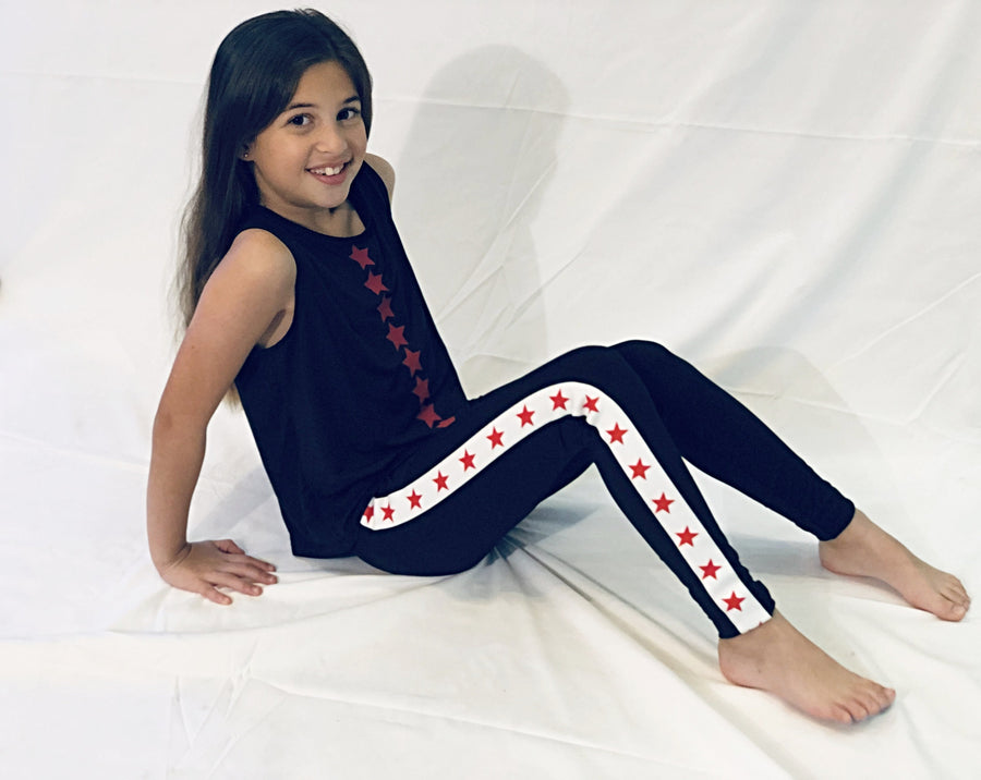 Stripe Red Stars Black Leggings-Legging-Fanilu 