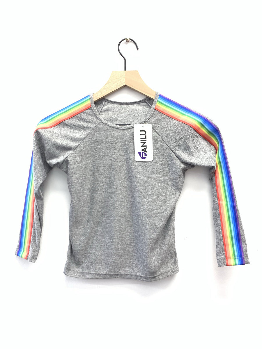 Stripe Rainbow Grey Long Sleeve Tank-Fanilu 